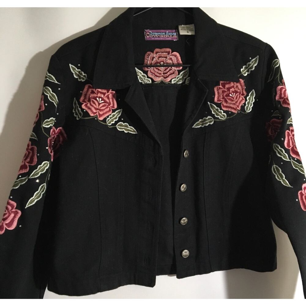 Doreman Burns Cowgirls Black Denim Fringe Floral Embroidered Western Jacket Sz S - Picture 2 of 6
